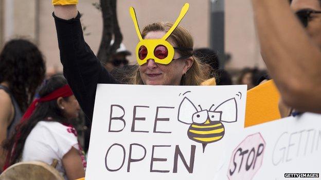 Activists take part in a march against GM food products on May 23, 2015, in Los Angeles, California