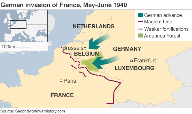 Map showing the German invasion of France, May-June 1940