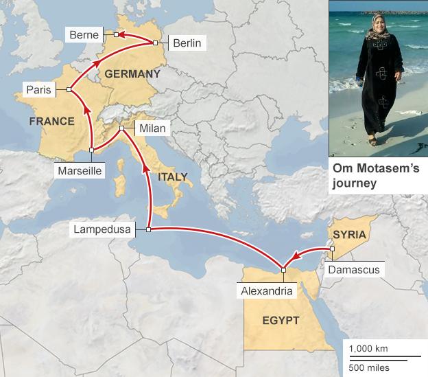 Map showing the journey of Om Motasem and her family