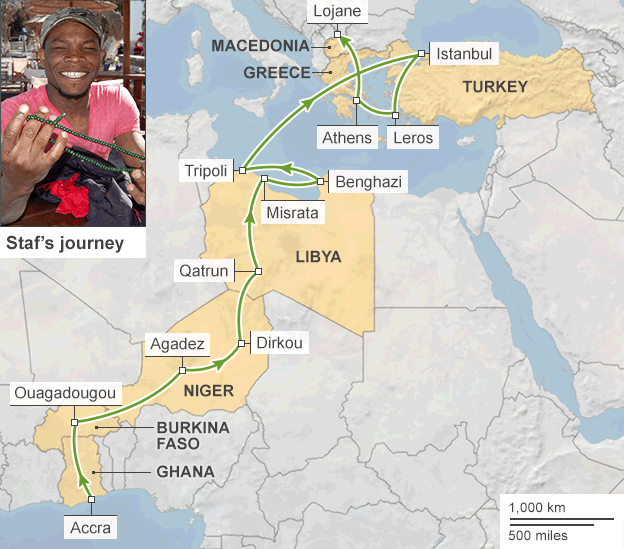 Map showing the journey of Staf Mustaffa