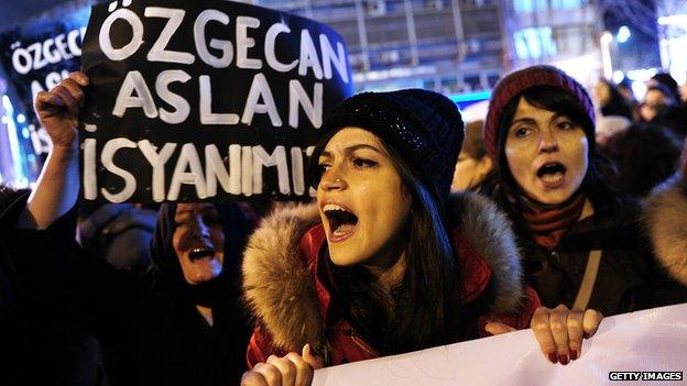 A woman shouts slogans during a demonstration in Istanbul on February 14, 2015, against the murder of a young woman named Ozgecan Aslan