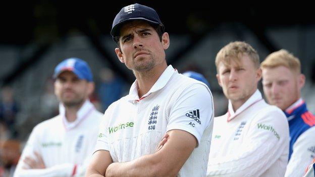 Alastair Cook (centre), flanked by James Anderson, Joe Root and Ben Stokes