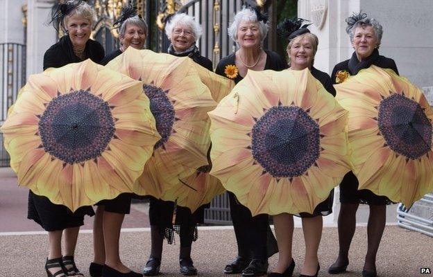 The original Calendar Girls arriving at Buckingham Palace for a WI garden party