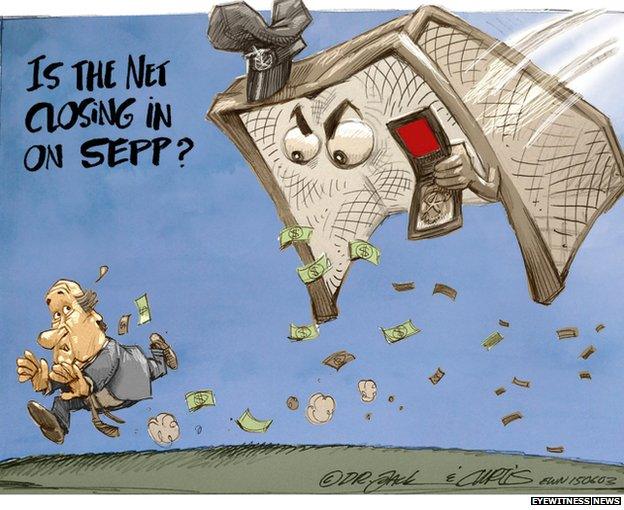 Screengrab of cartoon from South Africa's Eyewitness News website on FIFA President Sepp Blatter's resignation on 2 June 2015. Caption reads: "Is the net closing on Sepp?" (Source: BBC Monitoring)