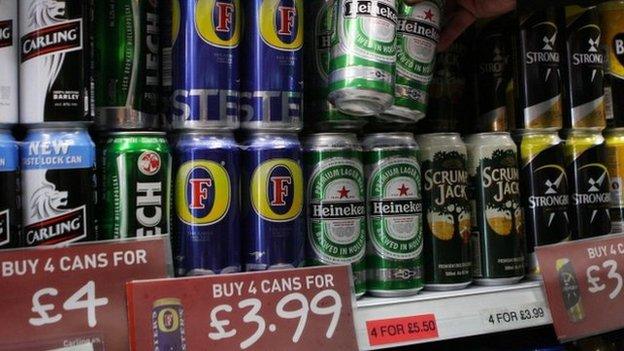 Alcohol on a shelf in a supermarket