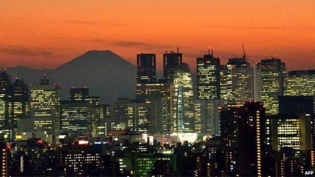 Tokyo skyline at sunset with Mount Fuji in the background