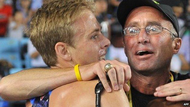 Alberto Salazar with Galen Rupp after the 10,000m Olympic final in London