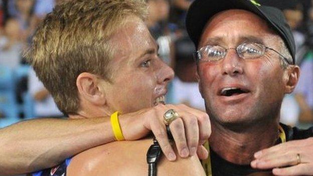 Alberto Salazar with Galen Rupp after the 10,000m Olympic final in London