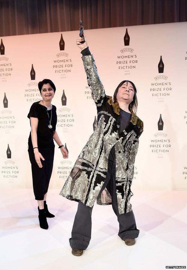 Ali Smith celebrates her win with Baileys Prize chair of judges Shami Chakrabarti