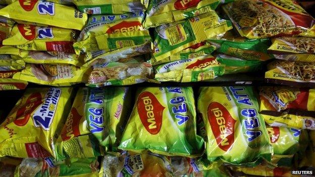 Packets of Nestle"s Maggi instant noodles are seen on display at a grocery store in Mumbai, India, June 3, 2015.