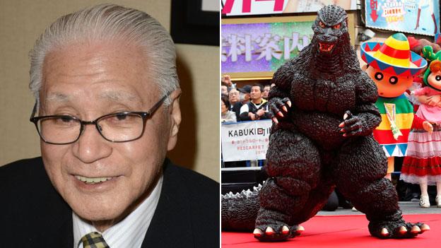 Hiroshi Koizumi and a man in a Godzilla suit