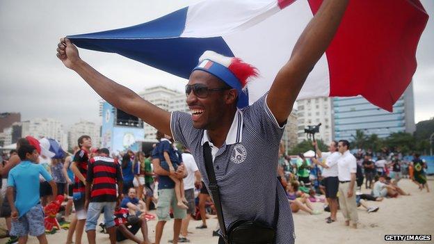 France fans celebrate after their first goal in their 2014 FIFA World Cup match against Nigeria