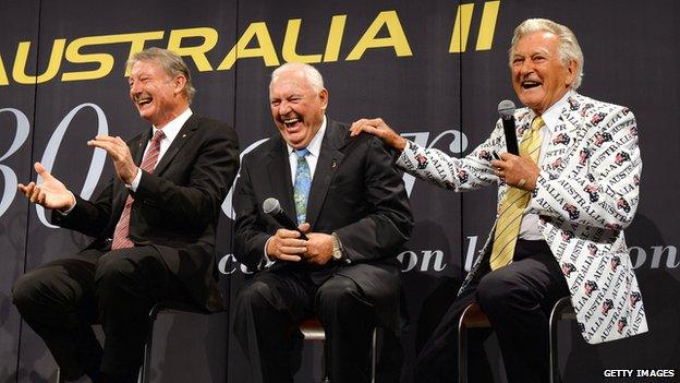 Sailor John Bertrand, Alan Bond, former Australian Prime Minister Bob Hawke share a joke in 2013