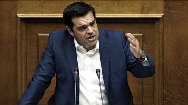 Greece's Prime Minister Alexis Tsipras gives his speech during an emergency parliament session in Athens, on Friday, 5 June 2015