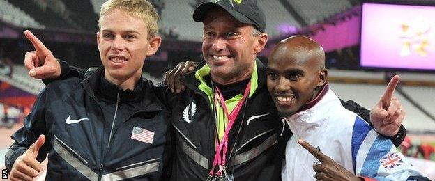 Galen Rupp (left), coach Alberto Salazar (centre) and Mo Farah