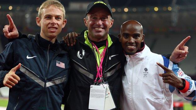 Galen Rupp (left), coach Alberto Salazar (centre) and Mo Farah