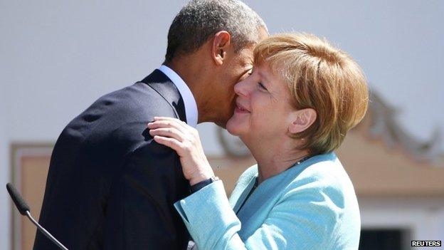 President Obama and German Chancellor Angela Merkel at the start of the G7 summit, 7 June 2015