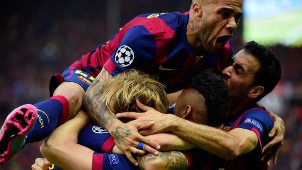 Barcelona's Rakitic celebrates with teammates after his first goal against Juventus