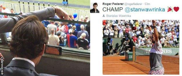 Roger Federer watching the game on his mobile phone and then tweeting