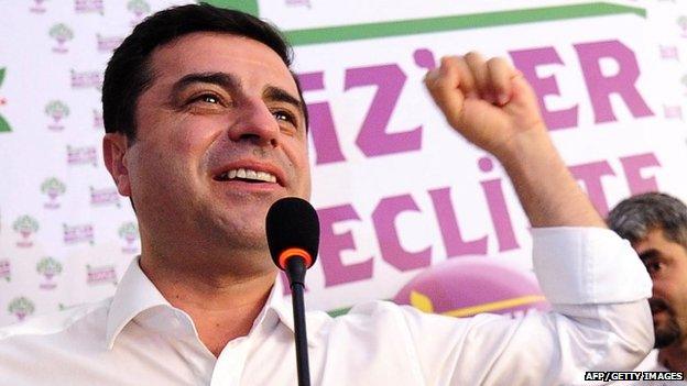 Selahattin Demirtas, co-chair of the pro-Kurdish Peoples" Democratic Party (HDP), gestures during a press conference in Istanbul on June 7, 2015.