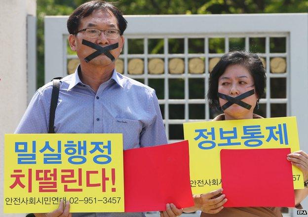 South Korean protesters hold placards reading "Total incompetence of the government for sluggish response" and show red cards during a rally against government"s health policy in Seoul, South Korea, 04 June 2015.