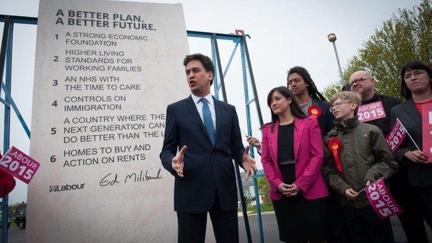 Ed Miliband with Labour's election pledge stone