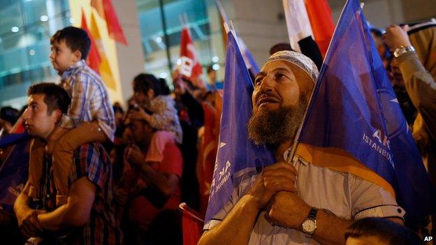 Supporters of Turkey's ruling Justice and Development Party gather after the election results came out in Istanbul, Turkey, late Sunday, June 7, 2015.