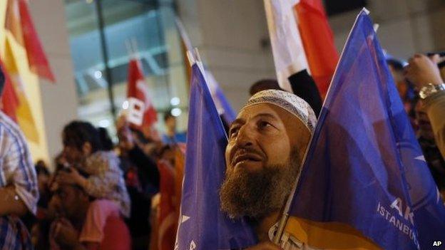 Supporters of Turkey"s ruling Justice and Development Party gather after the election results came out in Istanbul, Turkey, late Sunday, June 7, 2015.