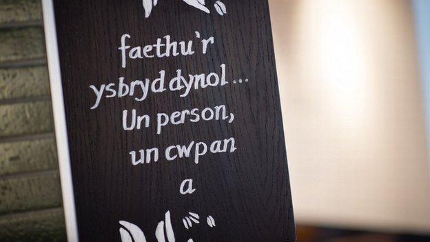 Un o arwyddion siop goffi rhyngwladol yn Aberystwyth