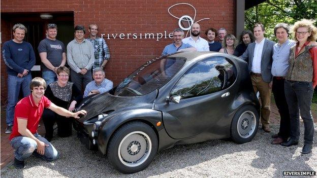 Riversimple Engineering team at Llandrindod Wells HQ with prototype hydrogen car