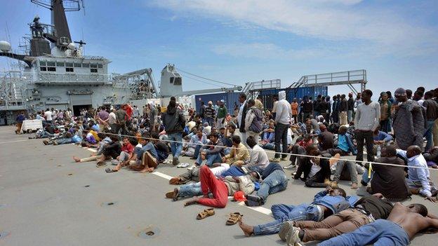 Migrants aboard HMS Bulwark