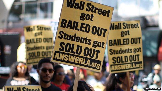 Protestors in Los Angeles demonstrate against the high cost of college education in 2012