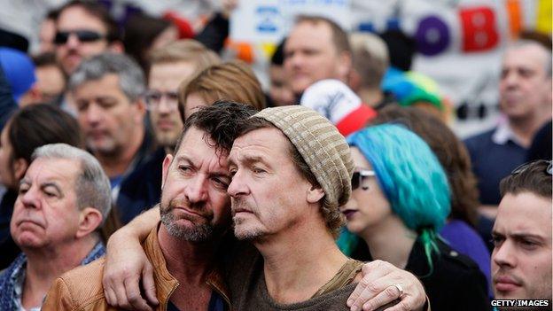 A couple hold each other during a rally at Taylor Square in support of Marriage Equality on May 31, 2015 in Sydney, Australia