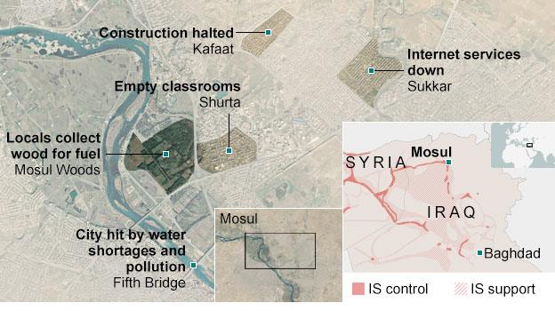 Map of the disruption to daily life in Mosul