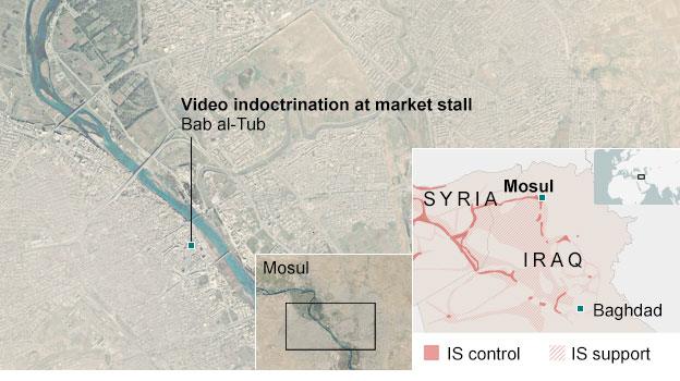 Map of the location of footage of indoctrination videos playing at a market