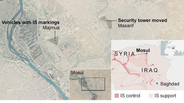 Map of the location of video showing vehicles with IS markings and security towers being moved