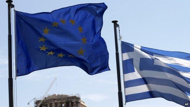 A Greek and a European Union flag billow in the wind as the ruins of the fifth century BC Parthenon temple are seen in the background on the Acropolis