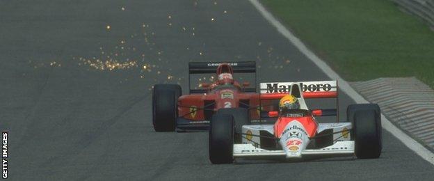 Ayrton Senna leads from Nigel Mansell's Ferrari in Portugal, 1990