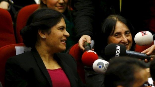 Dilek Ocalan, niece of jailed Kurdish militant leader Abdullah Ocalan and MP for the Peoples' Democracy Party (HDP), talks to media in Ankara 10 April 2015