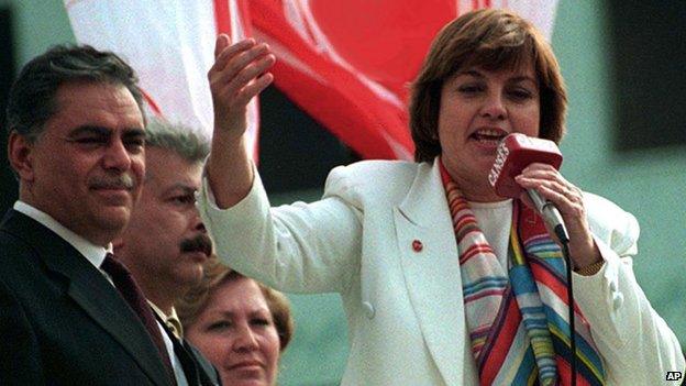 Tansu Ciller, former Turkish Prime Minister and leader of the True Path Party, addresses a rally in Istanbul on Saturday, 17 April 17, a day before general elections