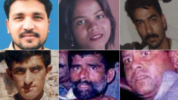 Top L-R Aftab Bahadur, Asia Bibi, Saulat Mirza Right L-R Shafqat Hussain, Two Baloch hijackers