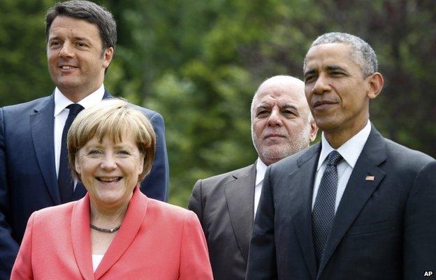 German Chancellor Angela Merkel with Italian Prime Minister Matteo Renzi, Iraqi Prime Minister Haider al-Abadi and President Barack Obama