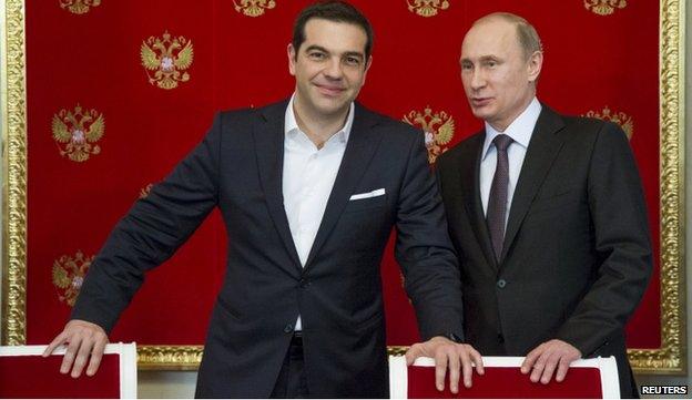 Alexis Tsipras, Greek Prime Minister, with President Putin in Moscow in April