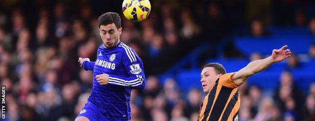 Chelsea and Belgium star Eden Hazard (L) takes on James Chester (R) of Hull and Wales