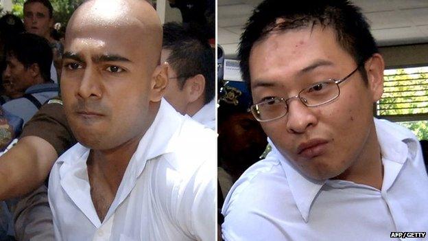 A composite photo taken in 2006 shows Myuran Sukumaran (L) and Andrew Chan (R), being escorted out of a court