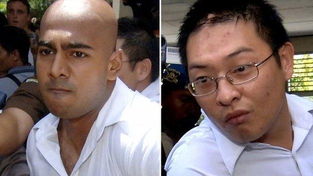 A composite photo taken in 2006 shows Myuran Sukumaran (L) and Andrew Chan (R), being escorted out of a court