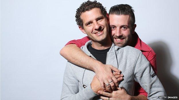 Brisbane couple Anthony Gillespie, 32, and Michael James, 28, pose for a portrait on June 1, 2015 in Brisbane, Australia