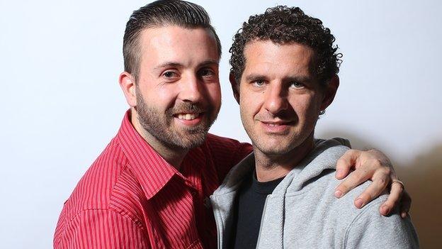 Brisbane couple Michael James, 28, and Anthony Gillespie, 32, pose during a portrait session on June 1, 2015 in Brisbane, Australia.