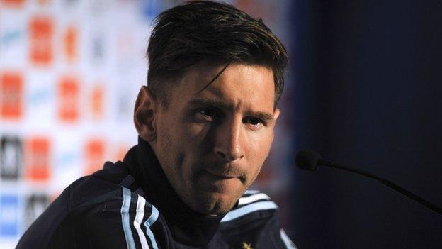 Argentinian football team player Lionel Messi gestures during a press conference in La Serena, Chile on 9 June 2015,