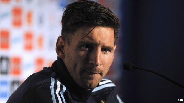 Argentinian football team player Lionel Messi gestures during a press conference in La Serena, Chile on 9 June 2015,